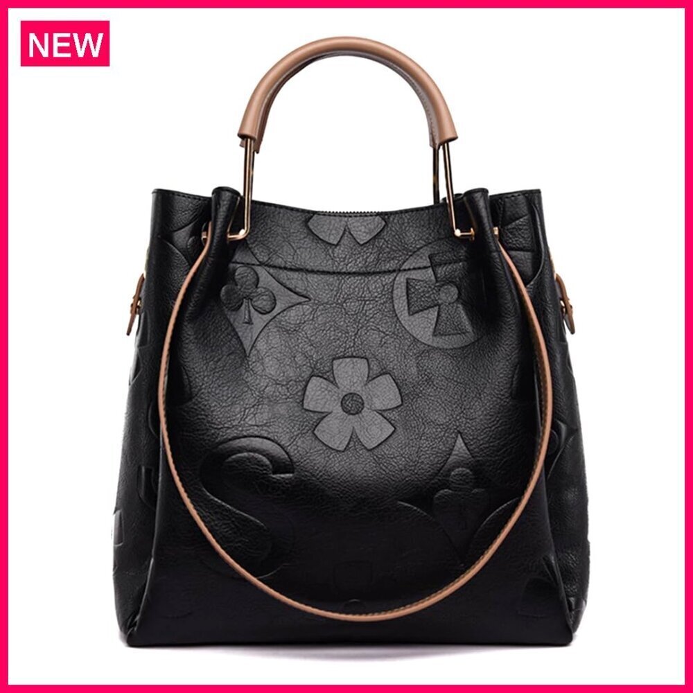 PU Leather Tote Bag Adjustable Strap Floral Embossed Shoulder Satchel